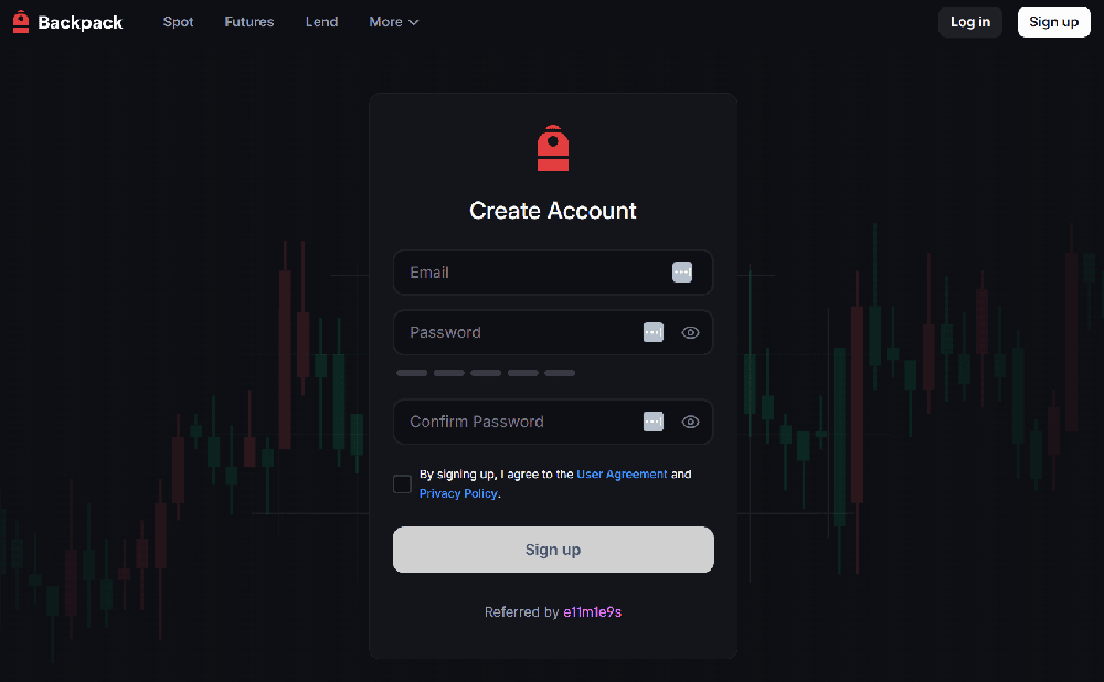 Pantalla de bienvenida de Backpack Exchange con campo de código de referido