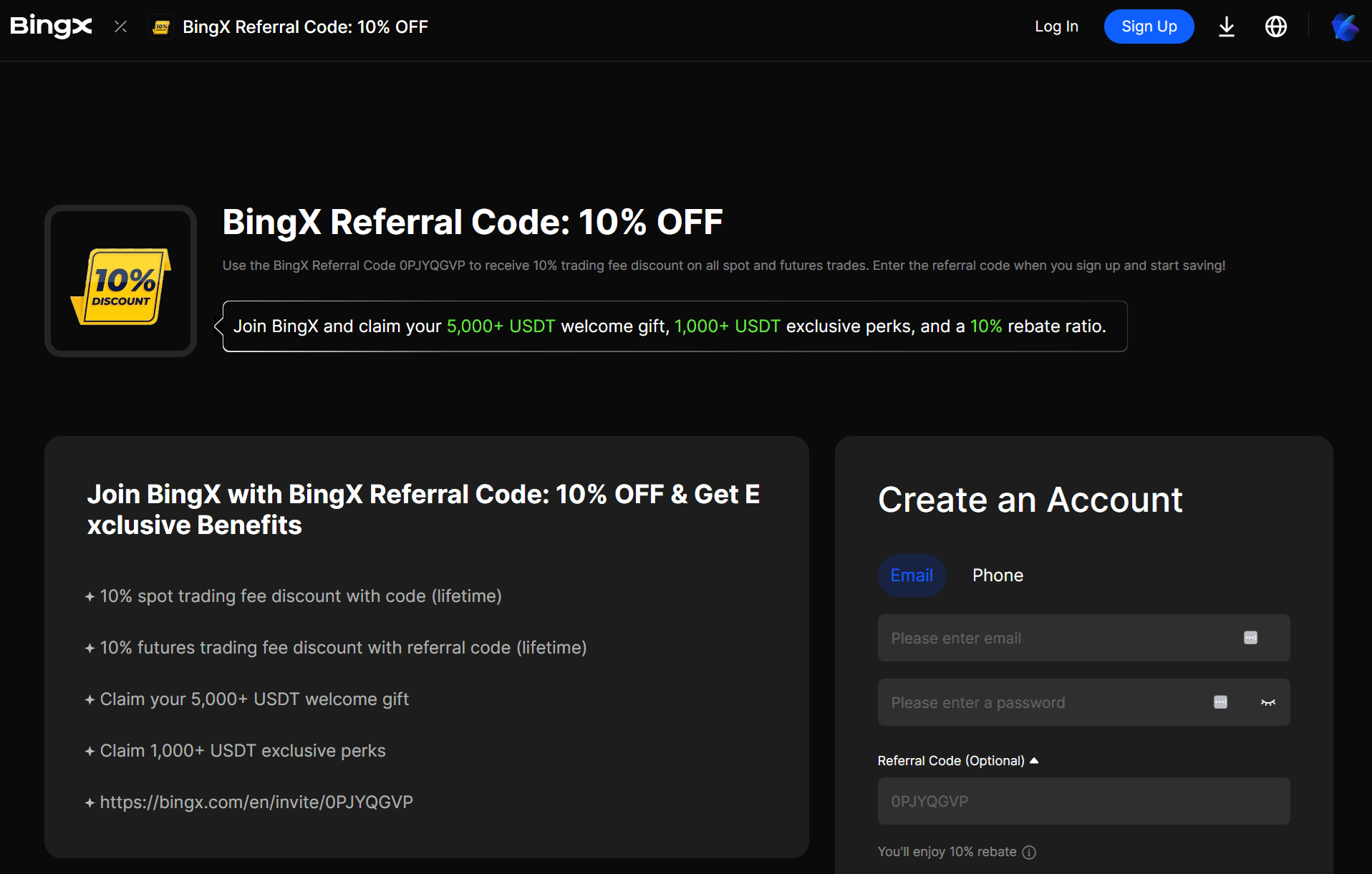 Bono de bienvenida BingX con código de referido introducido