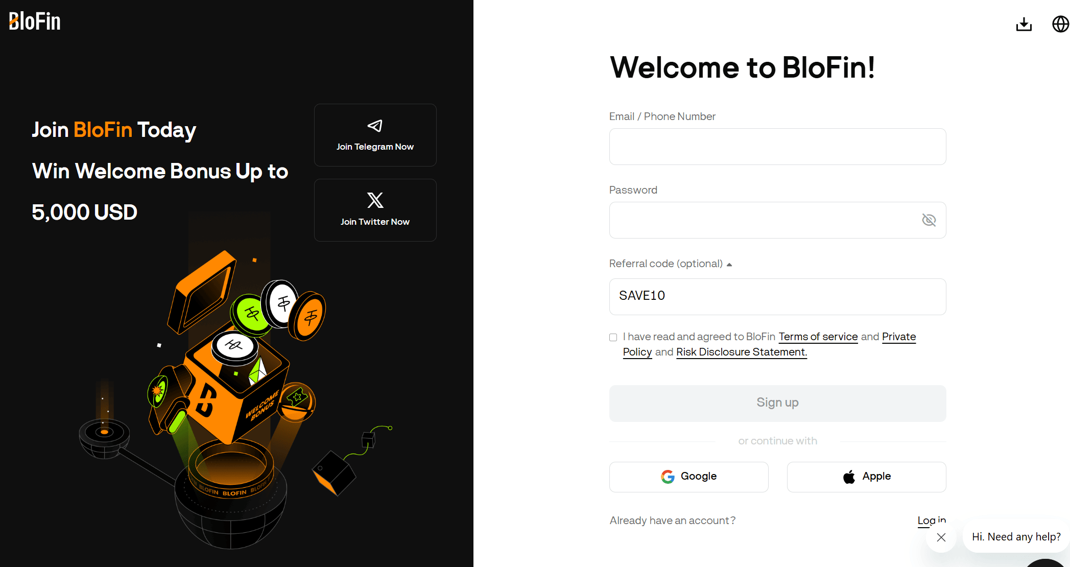 Código de referido BloFin introducido