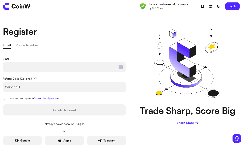 Campo de código de referido CoinW durante el registro