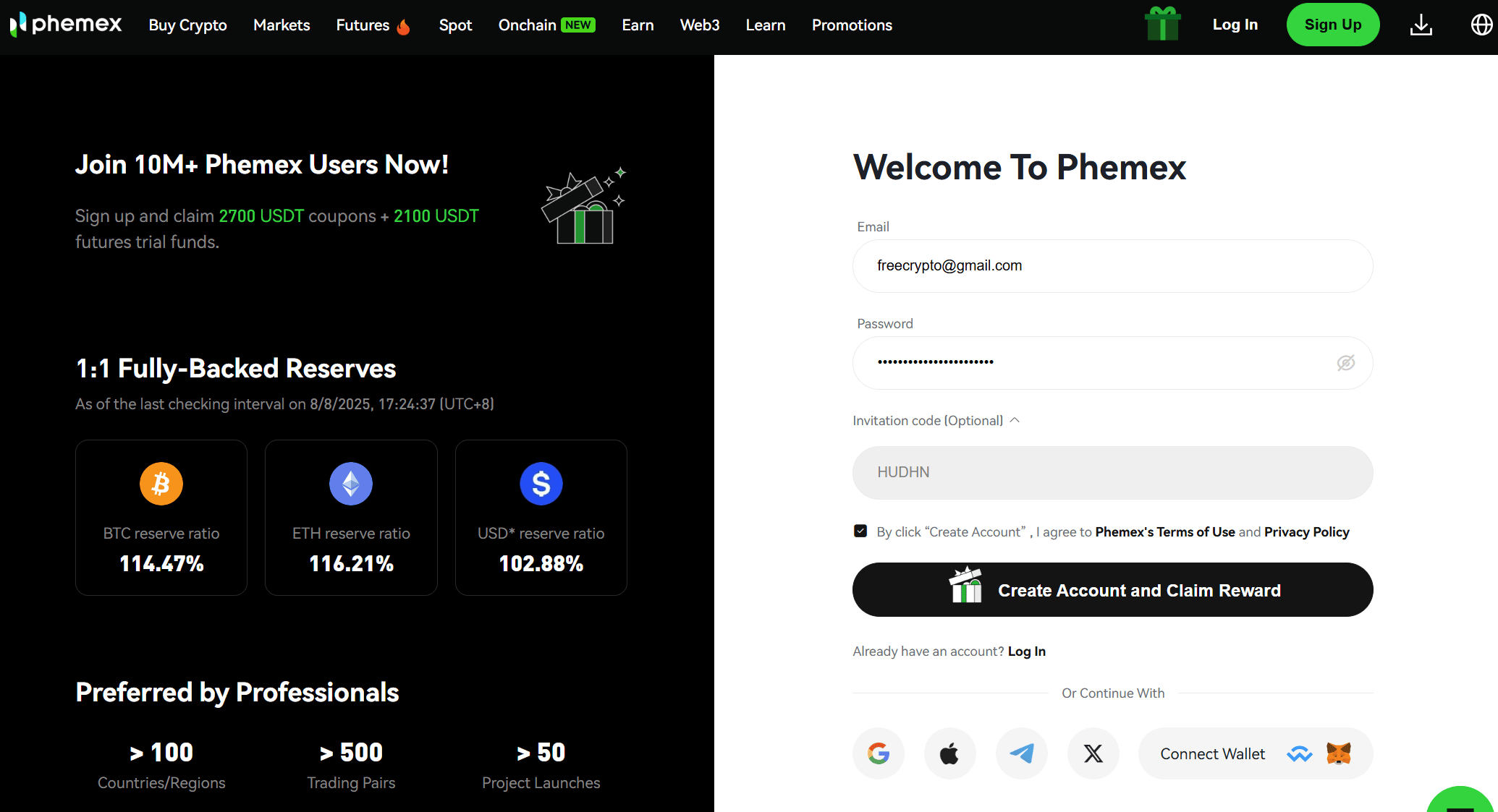 Código de invitación Phemex introducido