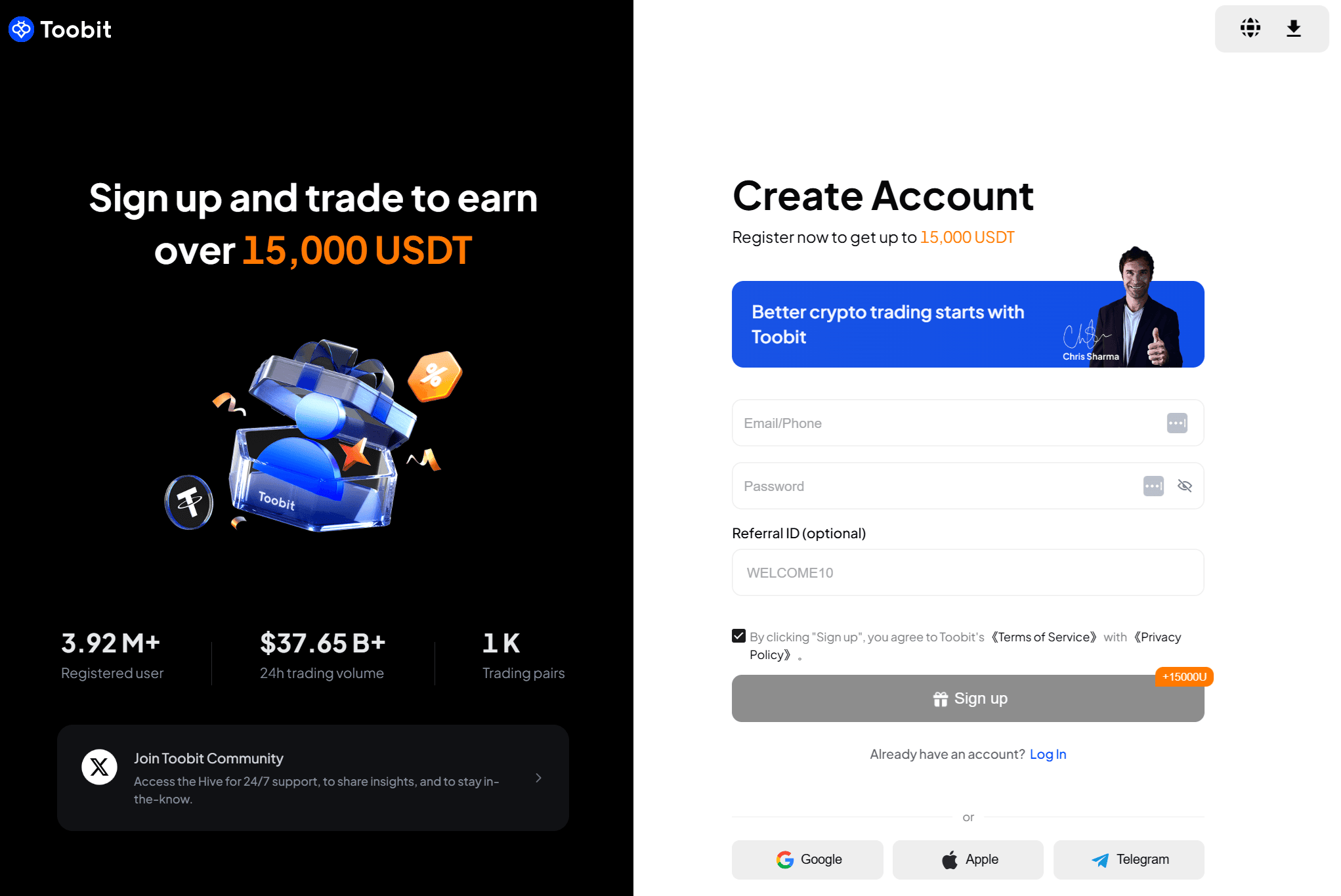 Registro Toobit con campo de introducción de ID de referido