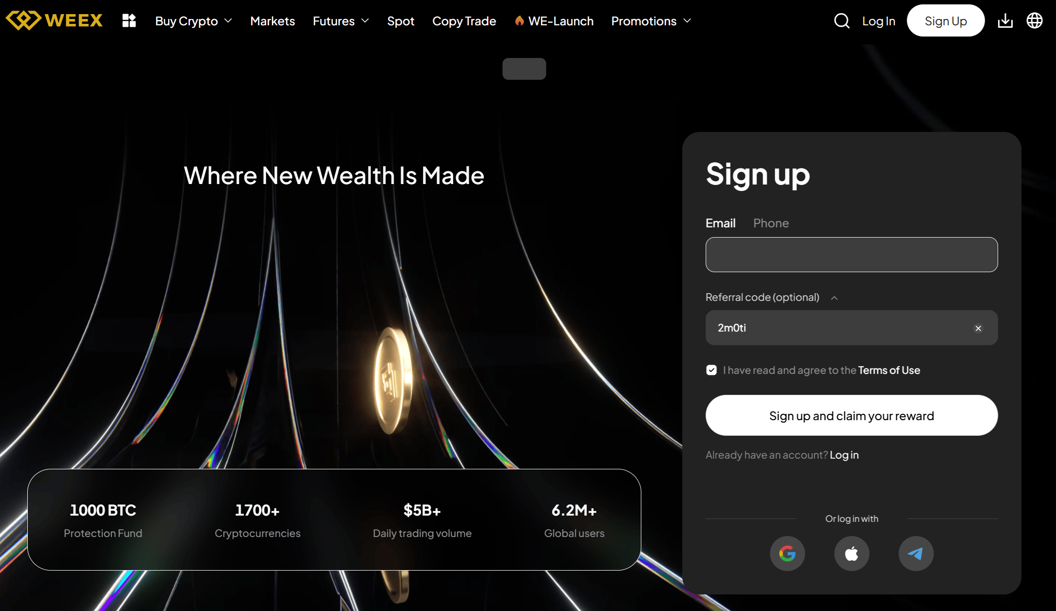 Código de referido WEEX introducido durante el registro