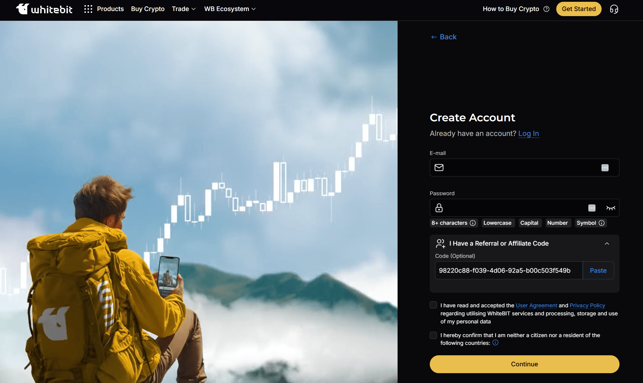 Código de referido WhiteBIT introducido durante el registro